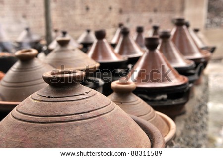 Moroccan tajines ceramic cookware  at the market