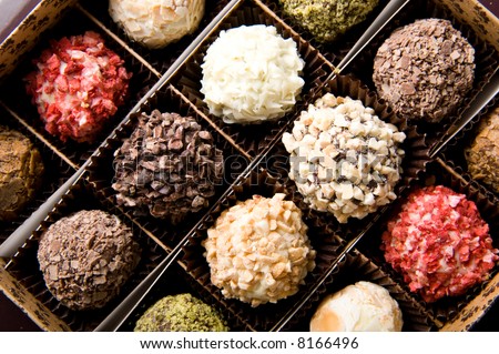 Box of different luxury handmade chocolates