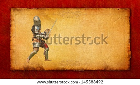 Armored knight with sword and shield - retro postcard on vintage paper background