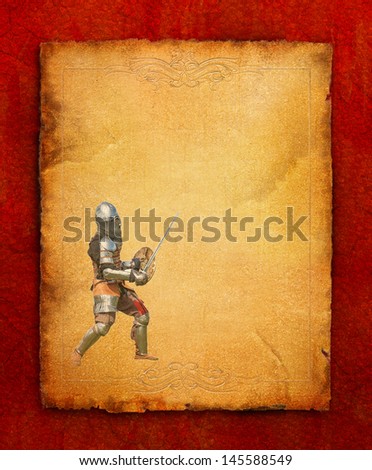 Armored knight with sword and shield - retro postcard on portrait vintage paper background