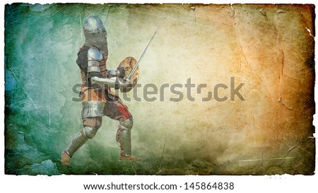 Armored knight with sword and shield - retro postcard on vintage paper background