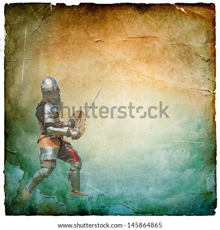Armored knight with sword and shield - retro postcard on square vintage paper background