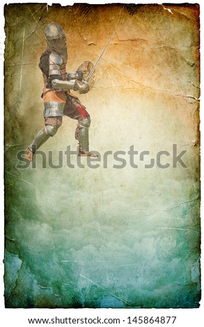 Armored knight with sword and shield - retro postcard on poster vintage paper background