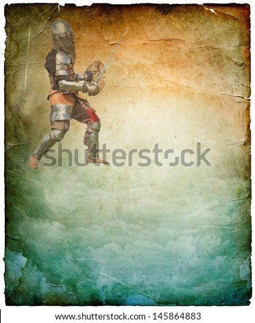 Armored knight with sword and shield - retro postcard on portrait vintage paper background