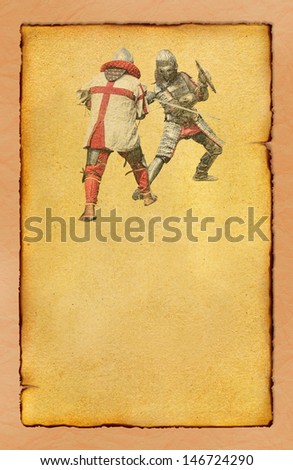 Two medieval knights fighting - retro postcard on vintage poster paper background