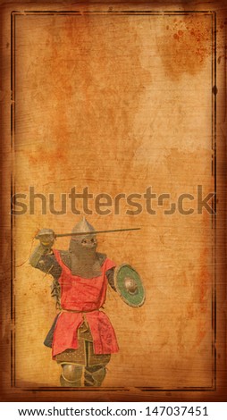 Armored knight with sword and shield - retro postcard on vertical vintage paper background