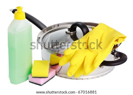 Stainless steel cooking deep stewing pan with glass lid, rubber gloves, vial of cleaning fluid and sponges isolated on white