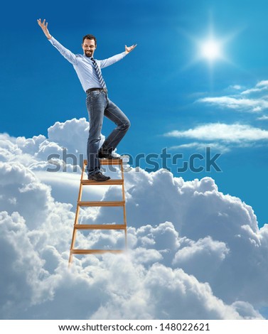 young confident businessman standing at the ladder high in the sky spread his arms / young man in shirt and tie set up the arms to the side as the winner on top of the ladder on heaven