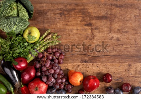 Organic Foods Background / Studio Photography Of Different Fruits And Vegetables On Old Wooden Table