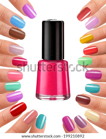 Nail lacquer bottle with black lacquer cap / studio photography of beautiful female fingers with manicure - isolated on white background with copy-space