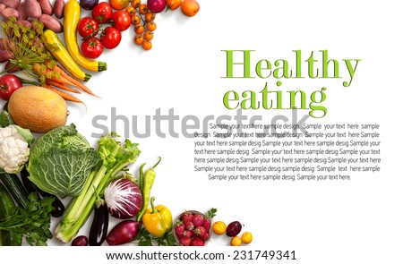 Healthy eating background / studio photo of different fruits and vegetables on white backdrop
