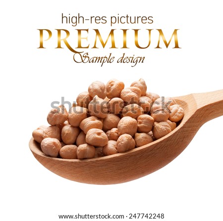 Chickpea in a wooden spoon / beans on wooden spoon isolated on white background with place for your text