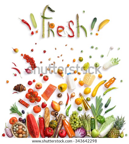 Fresh food choice / healthy food symbol represented by foods explosion to  show the health concept of eating well with fruits and vegetables. Healthy  food background, top view. High resolution product, -