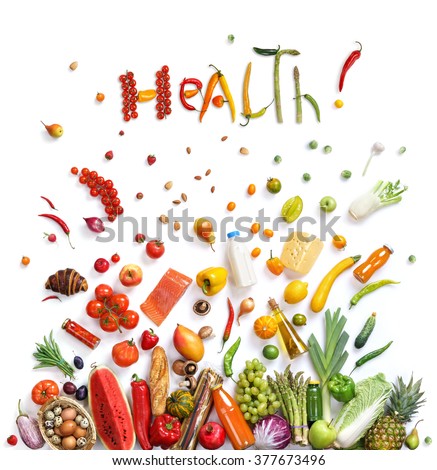 Health! Food background / studio photography of different fruits and vegetables isoleted on white background, top view. High resolution product.