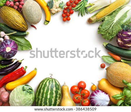Organic food background. Food photography different fruits and vegetables isolated white background. Copy space. High resolution product