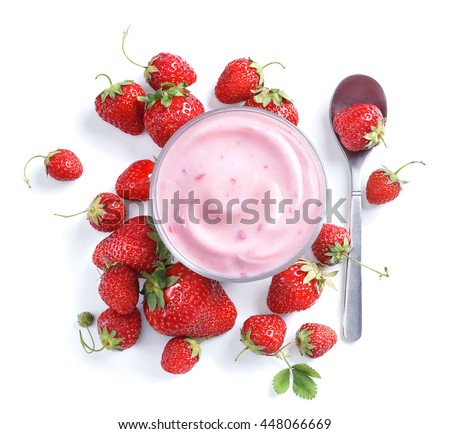 Healthy food of yogurt. Strawberry Yogurt with berries. Top view, High resolution product.