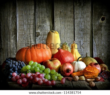 Fruits And Vegetables With Pumpkins In Autumn Vintage Still Life