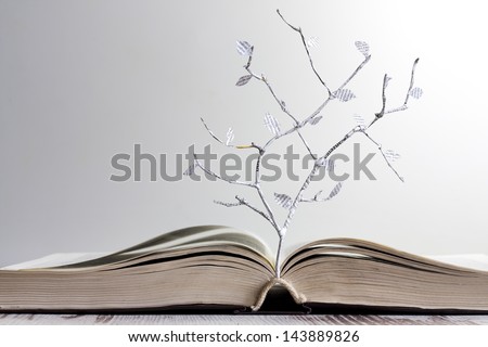 Open book and paper letters tree creative concept