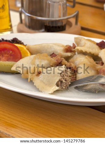 Dumplings with meat in restaurant traditional Polish food