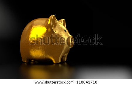 Computer generated and rendered image of golden piggy bank