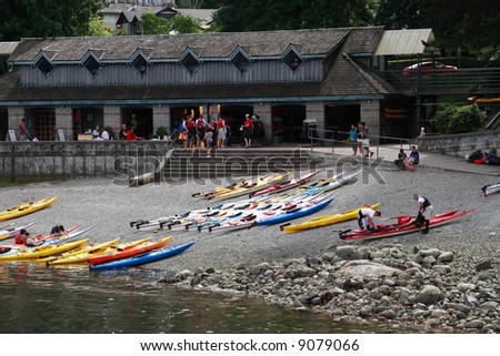 Canoe and Kayak Centre in Deep Cove, British Columbia. People are getting ready for outdoor adventure.