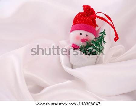 New Year\'s toy for a fir-tree in the form of a snowman with a bucket on a white background.