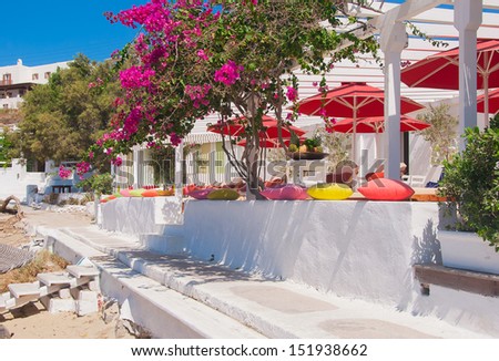 Flowering bougainvillea at restaurant on the beach of Mediterranean Sea