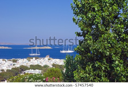 Beautiful green tree and top view of Mykonos town, the sea and ships