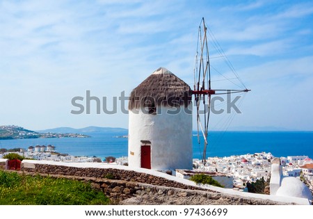 windmill above the town of Mykonos. Top view of the town of Mykonos in Greece