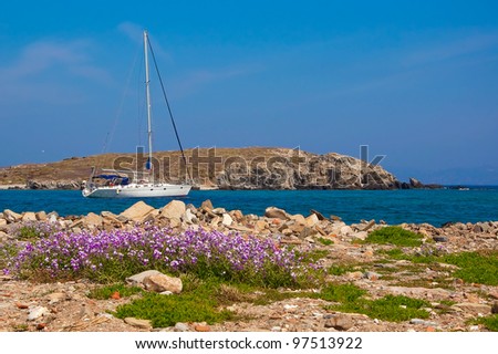 Pleasure boats in the sea near the island of flowering. Delos. Greece.