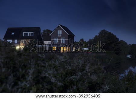 Modern houses at night in the Netherlands, Ulft