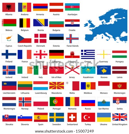 stock vector : Official list of all European country flags and map.