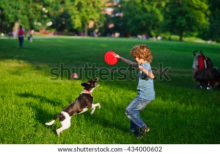 The boy plays on a lawn with dog. The boy has raised a hand with frisbee up. His beautiful brawny doggy became on hinder legs. He tries to take away a disk from the owner. Funny game.