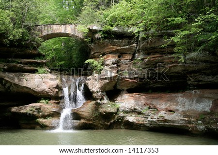 stock photo Bridge and Waterfall in Hocking Hills State Park Ohio
