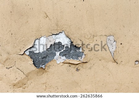 Dirty beige concrete wall with streaks of water, cracks and scratches. Grungy concrete surface. Great background or texture for your project.