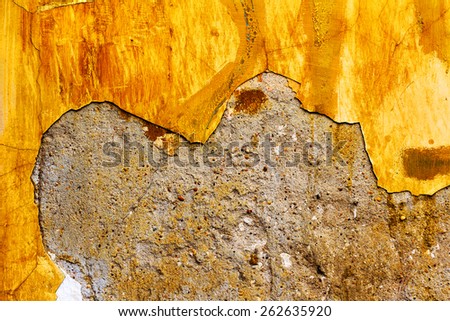 Abstract background concrete painted yellow paint, weathered with cracks and scratches. Landscape style. Grungy Concrete Surface. Great background or texture.