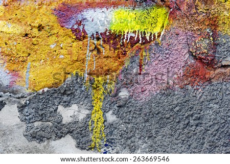 Abstract background concrete painted yellow and purple paint, weathered with cracks and scratches. Landscape style. Grungy Concrete Surface. Great background or texture.
