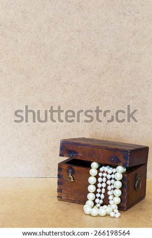 Vintage wooden chest with jewels, beads white pearl dangle