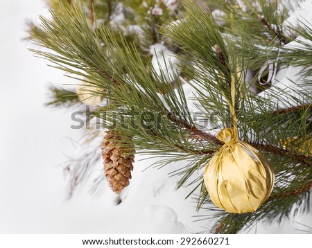Authentic pine branch decorated with Christmas baubles, selective soft focus as a background for a Christmas design.