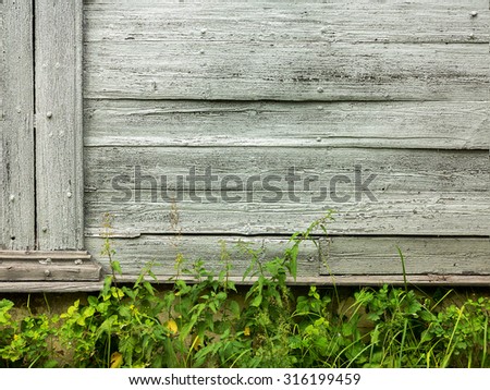 green grass in front of old wooden planks rustic fence, abstract landscape for all of your project