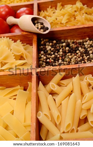 Pasta ingredients in a wooden box