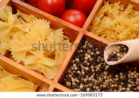 Pasta ingredients in a wooden box