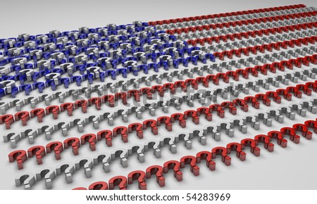 This is 3D rendered American flag made of question marks.