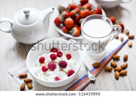 dieting cottage cheese with fresh raspberry, tea and almonds