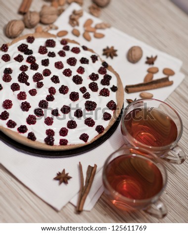 Blackberry Pie Served in a Dish with tea