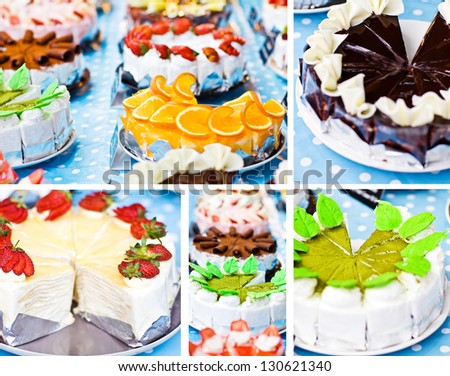 collage with colorful beautiful cake