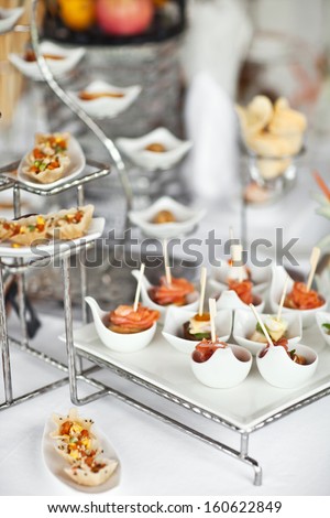 Luxury food and drinks on wedding table. Different sort of canape for a self service buffet