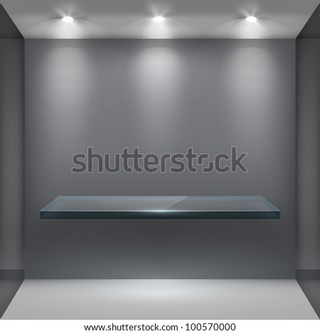 Empty glass shelf in room, illuminated by searchlights. Part of set. Vector interior.