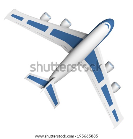Raster isolated realistic blue airplane top view.
