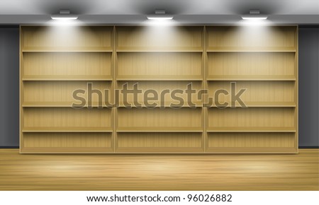 Empty wooden shelves, illuminated by searchlights.